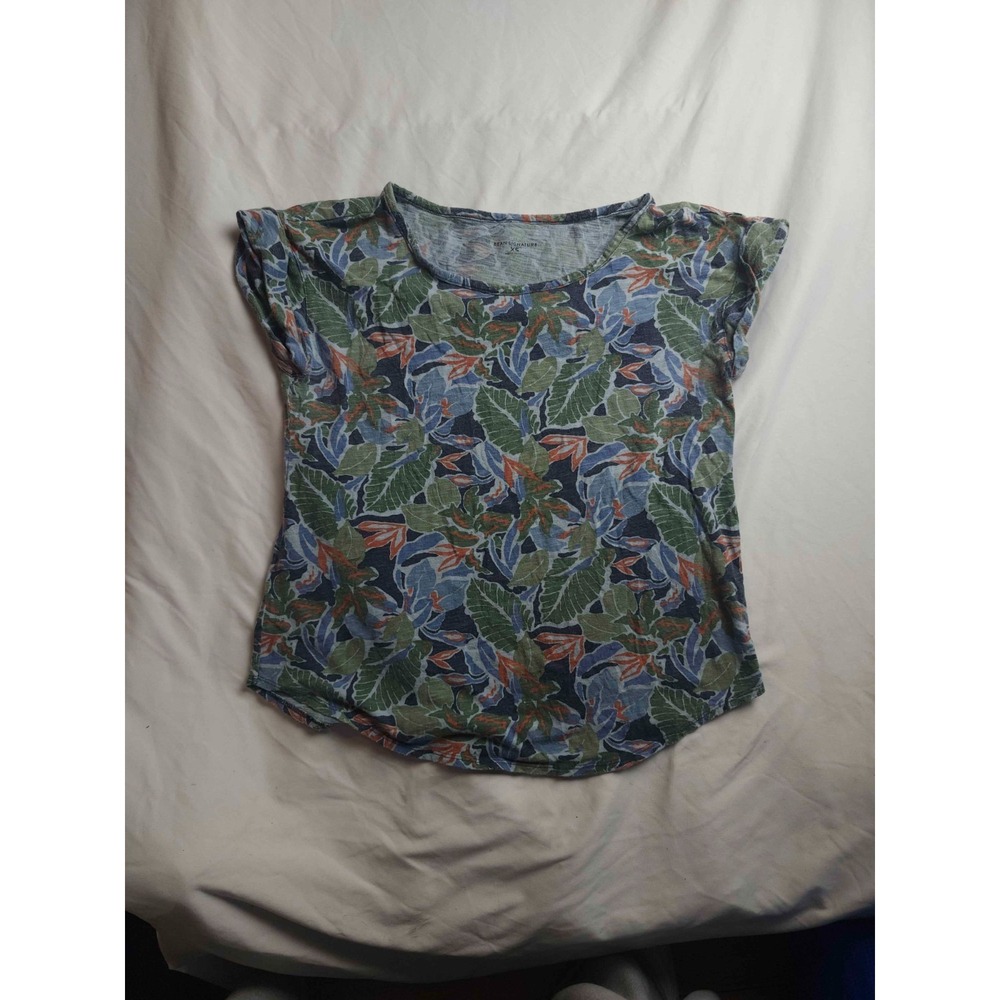 LL‎ Bean Signature Shirt Womens Size XS Green Blue Leaf Print Cap Sleeve Casual